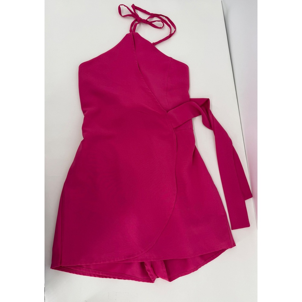 ChicMe Hot Pink Halter Wrap Skort Romper Bow Back Sleeveless Sz M